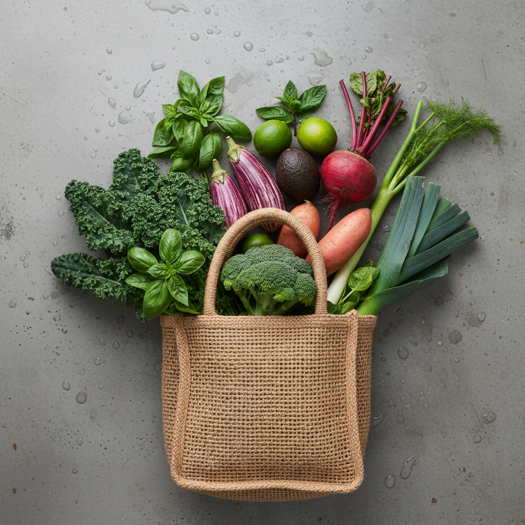 Antioxidantien im Herbst: Jutebeutel mit Grünkohl, Brokkoli, Basilikum, Lauch, Rote Bete, Süßkartoffel, Avocado & Limetten
